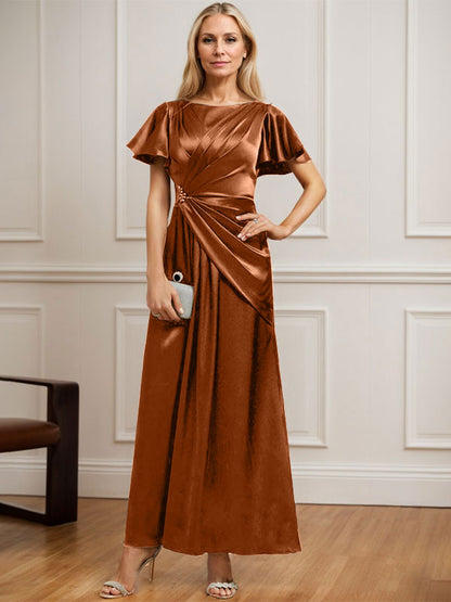 Vestido de madre de la novia de satén elástico con escote redondo y largo hasta los tobillos, con plisado y cuentas 
