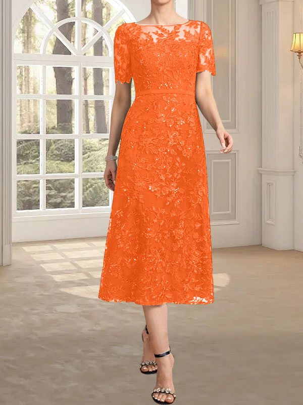 A-Linie, U-Ausschnitt, Illusion, knielang, Spitze, Kleid für die Brautmutter mit Pailletten