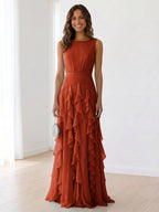 Sky Blue Tiered Chiffon Evening Maxi Dress With Ruched Bodice