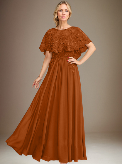 Vestido de madre de la novia de gasa con encaje, escote barco, largo hasta el suelo, con apliques de lentejuelas 