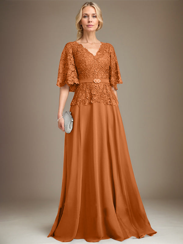A-Linie V-Ausschnitt Bodenlang Chiffon Spitze Mutter der Braut Kleid Mit Kristall Brosche Strass 