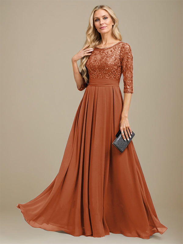 A-Linie U-Ausschnitt Bodenlang Spitzen-Chiffon-Kleid für die Brautmutter mit Paillettenapplikation 