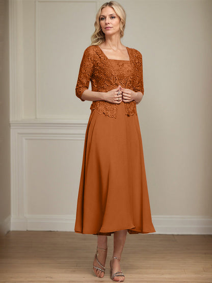 A-Linie Quadratisches Wadenlanges Chiffon-Spitzenkleid für die Brautmutter mit Pailletten und Perlen 
