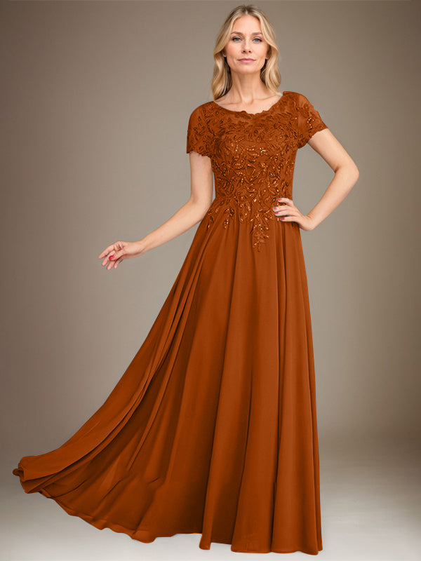 Robe de mère de la mariée en mousseline, longueur au sol, coupe en A, décolleté arrondi, ornée d'appliques et de paillettes