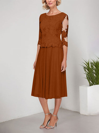 A-Linie U-Ausschnitt Wadenlang Spitzen Chiffon Mutter der Braut Kleid mit Stickerei 