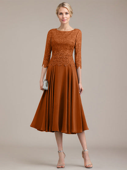 A-Linie U-Ausschnitt Wadenlang Chiffon-Kleid für die Brautmutter 