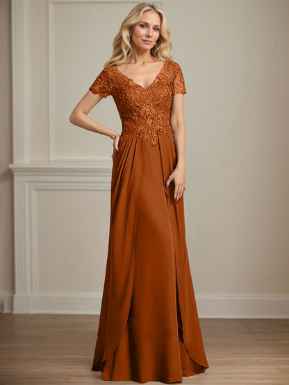 A-Linie V-Ausschnitt Bodenlanges Chiffon-Spitzenkleid für die Brautmutter