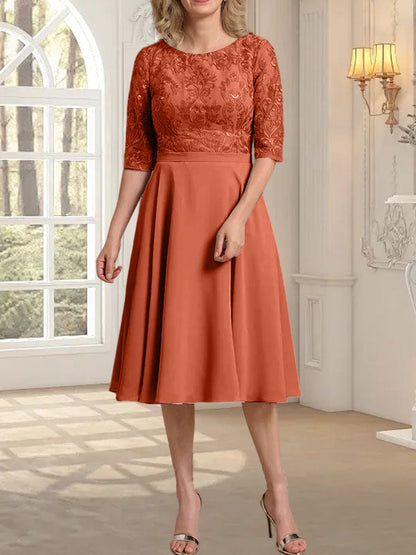 A-Linie U-Ausschnitt Knielang Chiffon Spitzenkleid für die Brautmutter