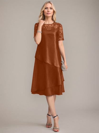 A-Linie, U-Ausschnitt, knielanges Kleid für die Brautmutter mit Applikationen und Pailletten 