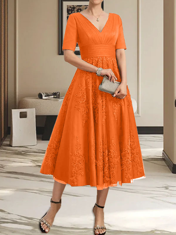 A-Linie V-Ausschnitt Wadenlanges Tüll-Spitzenkleid für die Brautmutter mit Plissee