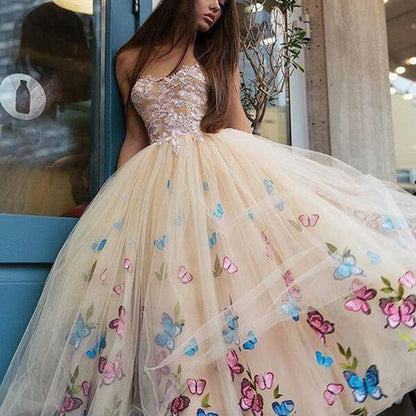 Schmetterling Blumen Ballkleid Tee Länge Spitze Trägerlos Homecoming Kleider