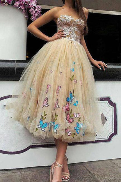 Schmetterling Blumen Ballkleid Tee Länge Spitze Trägerlos Homecoming Kleider