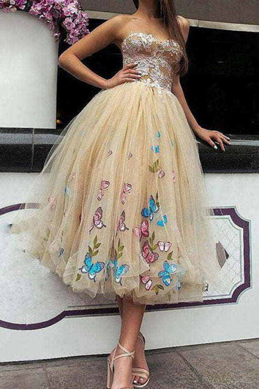 Schmetterling Blumen Ballkleid Tee Länge Spitze Trägerlos Homecoming Kleider