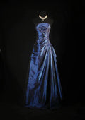 Splendido Abito da Sera Senza Spalline a Sfera Blu Navy in Raso con Applicazioni, Linea A, Vestito da Ballo Y7807