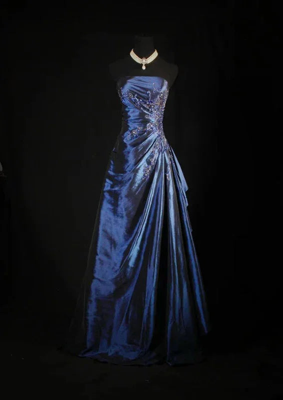 Splendido Abito da Sera Senza Spalline a Sfera Blu Navy in Raso con Applicazioni, Linea A, Vestito da Ballo Y7807