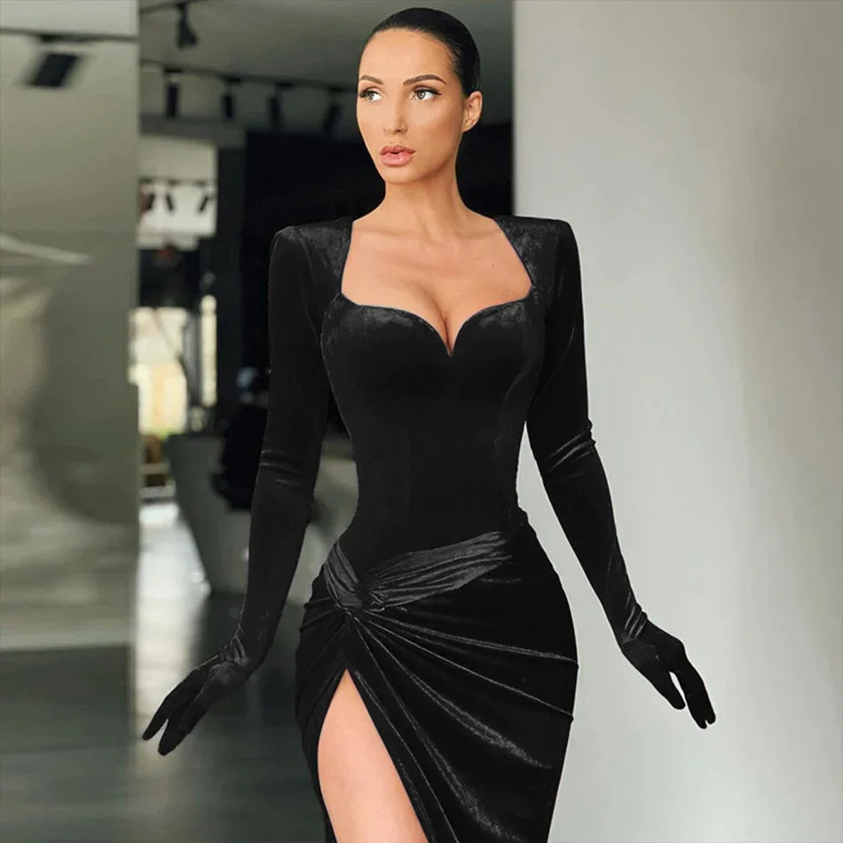 Vestido de Veludo Azul Real Elegante para Noite com Fenda Alta Vestido Formal Y402