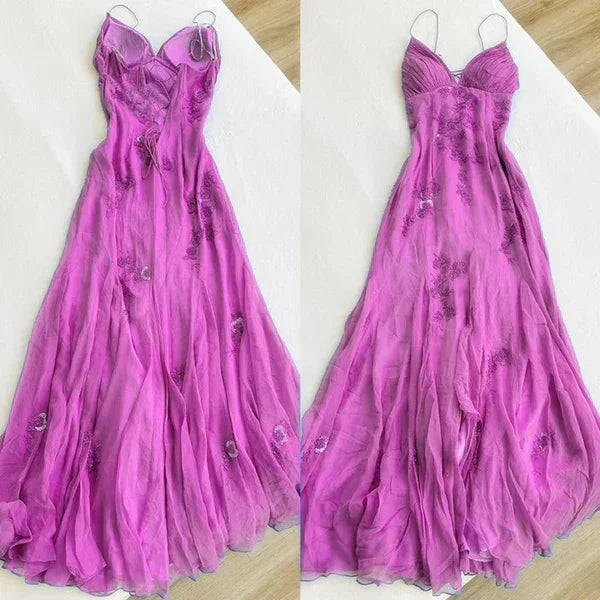 Elegante Abito Lungo da Sera con Spalline Sottili in Chiffon Blu per Festa e Ballo Y7457