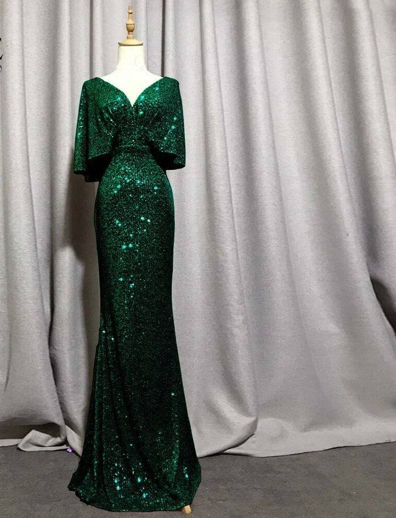 Abito da sera con scollo a V sexy e maniche corte a sirena, elegante abito da festa formale con maniche a pipistrello scintillanti Y1390