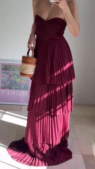 Abito lungo da sera bordeaux senza spalline in chiffon plissettato a balze a linea ad A abito da ballo Y8503
