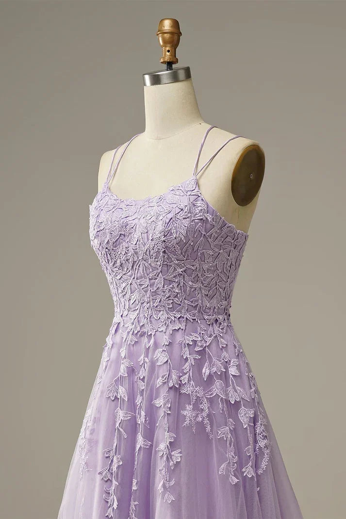 Abiti da sera eleganti color lavanda a linea con applicazioni per feste Vestito da sera Y1129