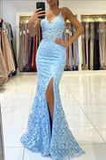 Mermaid V Neck Backless Blue Lace Long Prom Dress, Mermaid Blue Lace Formal Dress, Blue Lace Evening Dress Y333