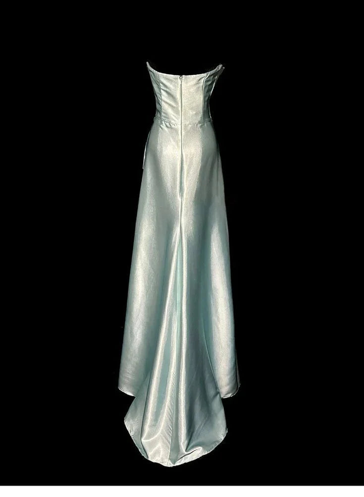 Vestido longo de cetim verde-sálvia elegante, sem alças, para baile e cerimónias Y8561