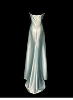 Vestido longo de cetim verde-sálvia elegante, sem alças, para baile e cerimónias Y8561