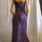 Vestido de Noite com Folhos e Estampa Vintage, Alças Roxas, Vestido de Baile Y7876