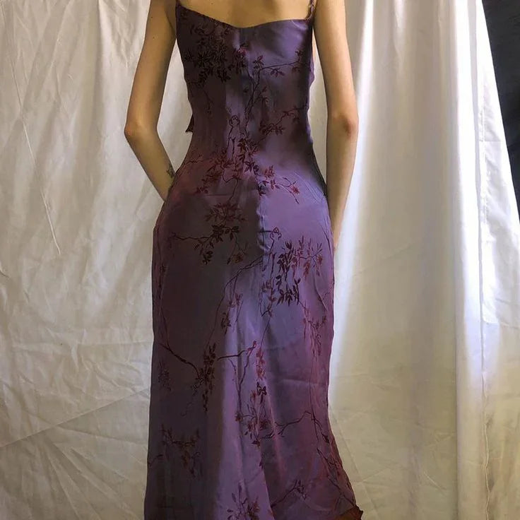 Vestido de Noite com Folhos e Estampa Vintage, Alças Roxas, Vestido de Baile Y7876