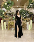 Robe de soirée longue noire à col en V profond Robe de demoiselle d'honneur noire Y4648