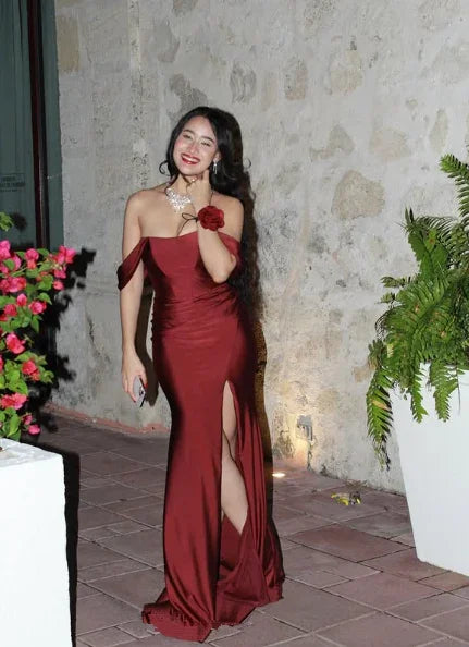 Elegante abito da sera color bordeaux con spacco a sirena, abito formale per ballo di fine anno Y8414