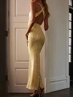 Vestito da sera aderente giallo con paillettes a scollo a V e fiori Y7891