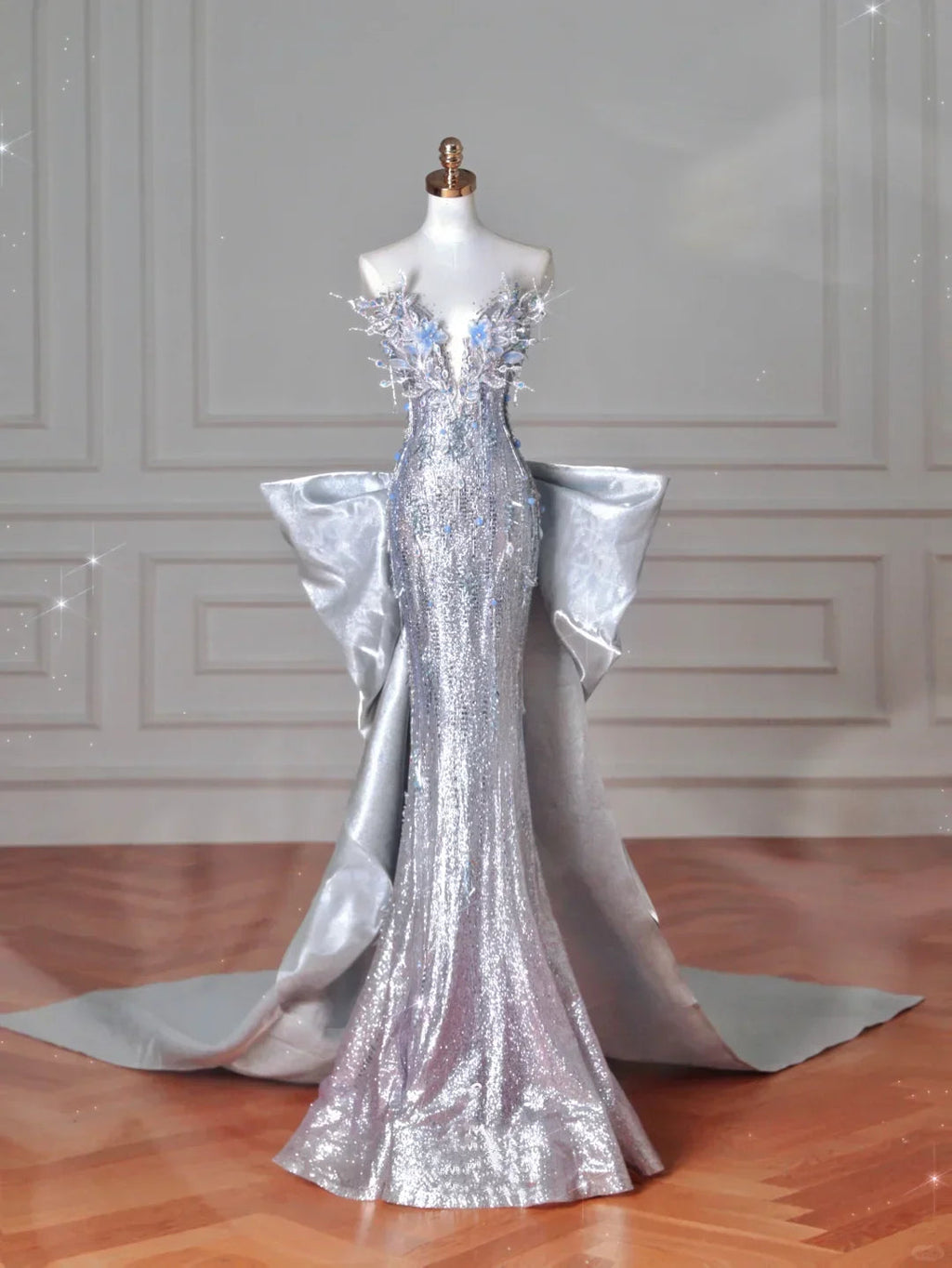 Abito da sera lungo da sirena con perline 3D e paillettes argento di lusso, abito lungo da ballo con fiocco Y8640
