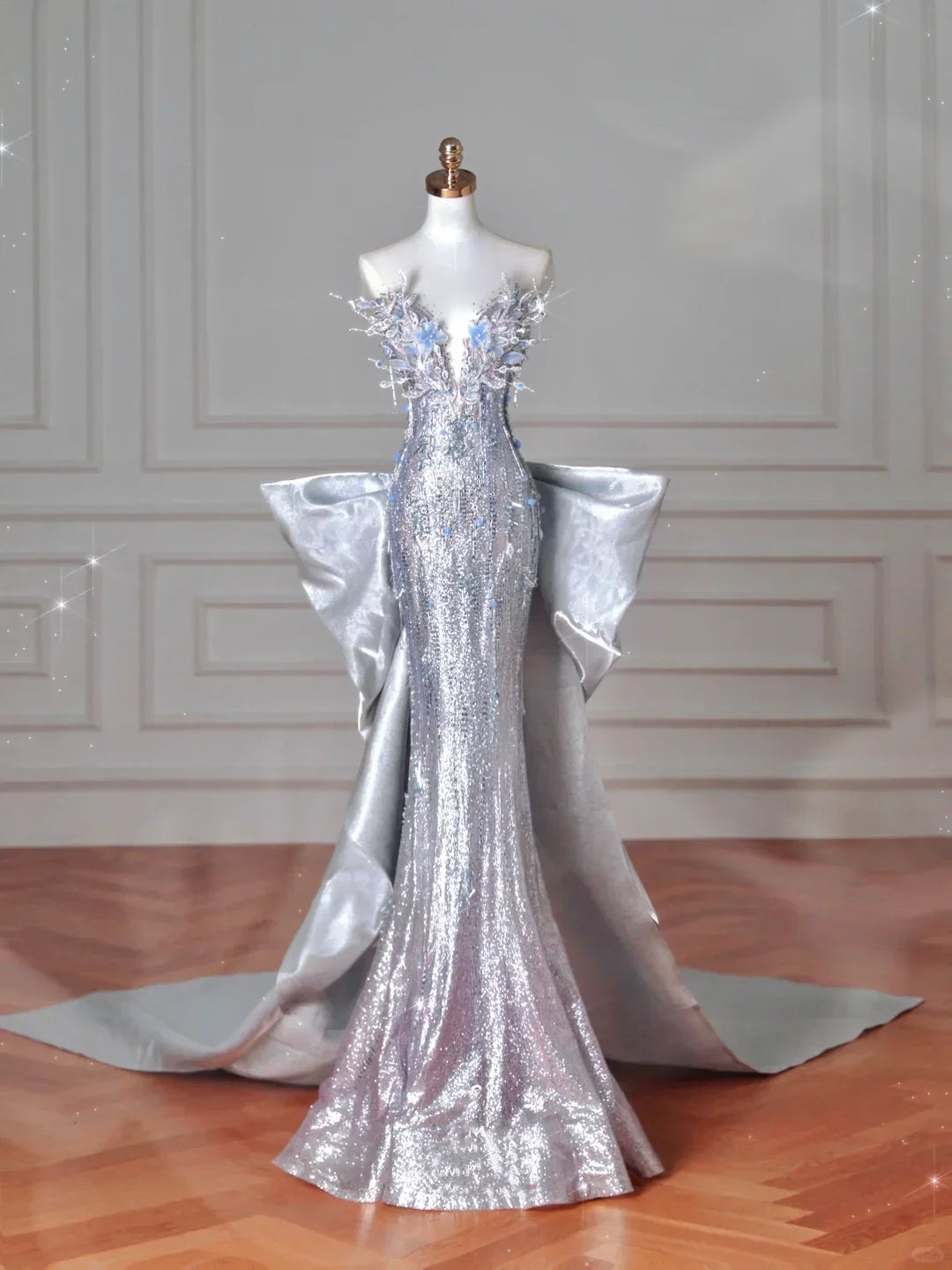 Abito da sera lungo da sirena con perline 3D e paillettes argento di lusso, abito lungo da ballo con fiocco Y8640