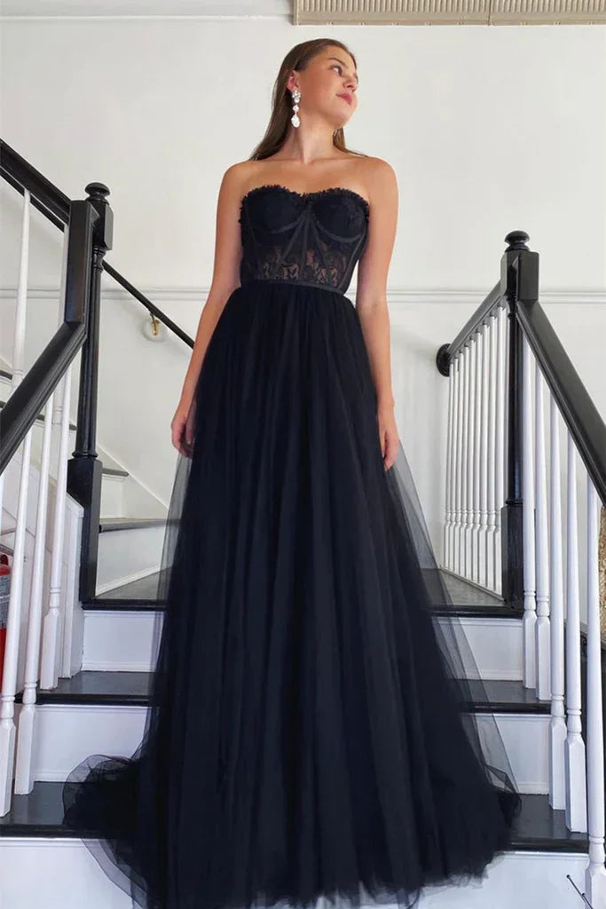 Abito lungo da sera senza spalline in tulle nero con pizzo, abito formale in pizzo nero, abito da sera nero Y205
