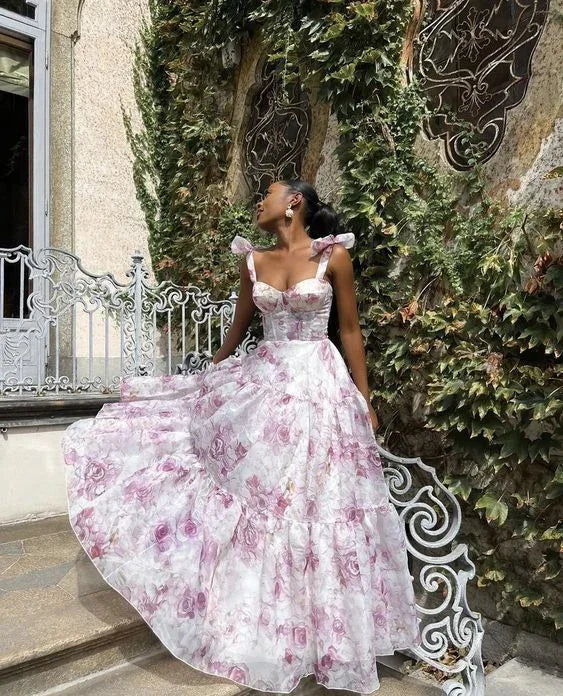 Abito da sera a linea A con stampa di rose in chiffon grazioso Y8498