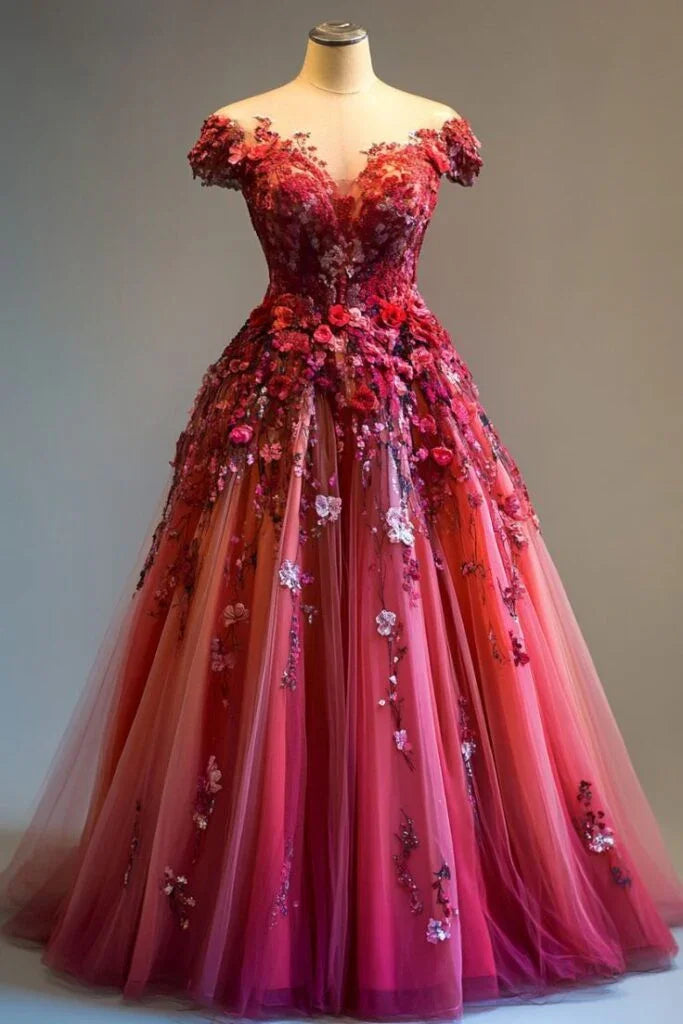 Rosenrosa schulterfreies Ballkleid mit Tüllapplikationen, festliches Abschlussballkleid Abendkleid Y8383