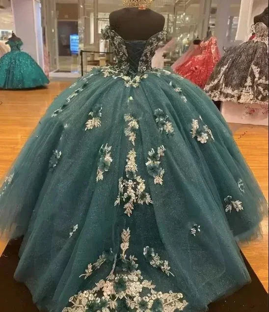 Abiti verde scuro per Quinceañera con spalle scoperte, abito da principessa per concorso, abito da ballo con fiori Y4432