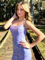 Vestido Longo de Baile e de Noite com Alças de Espaguete, Renda Lilás e Lantejoulas, Modelo Sereia Encantadora Y8235