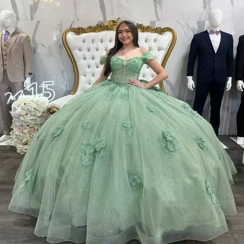 Glänzendes Salbeigrünes Kleid für die Fünfzehnjahresfeier, Tüllapplikationen, Pailletten, Kristalle, Geburtstagsballkleid mit Schleife Y8116