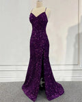 Abito da sera formale viola scuro con paillettes, modello sirena, con spacco Y5639