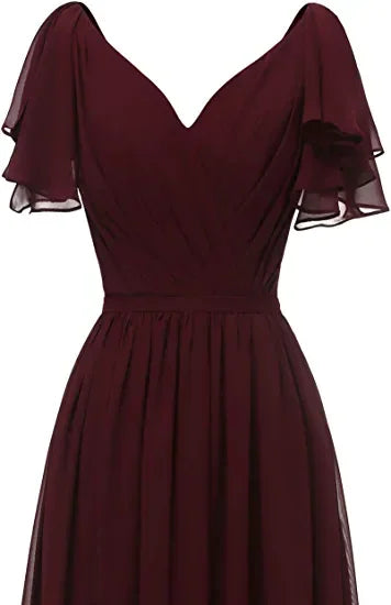 Vestido de Dama de Honra com Mangas em Folha, Decote em V, Chiffon, Longo, Formal, para Casamento e Noite Y1206