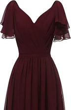 Vestido de Dama de Honra com Mangas em Folha, Decote em V, Chiffon, Longo, Formal, para Casamento e Noite Y1206