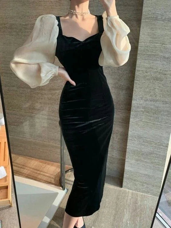 Abito in velluto nero elegante invernale con scollo a V, cuciture a vista, vita alta retrò e maniche a sbuffo, abito da sera femminile Y5673