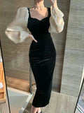 Abito in velluto nero elegante invernale con scollo a V, cuciture a vista, vita alta retrò e maniche a sbuffo, abito da sera femminile Y5673
