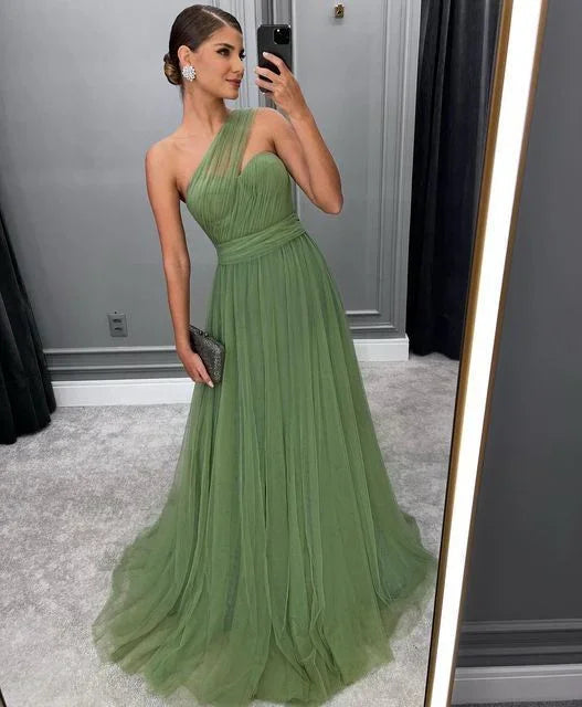Abito da sera lungo verde a linea ad A in tulle alla moda, abiti formali da sera Y5602