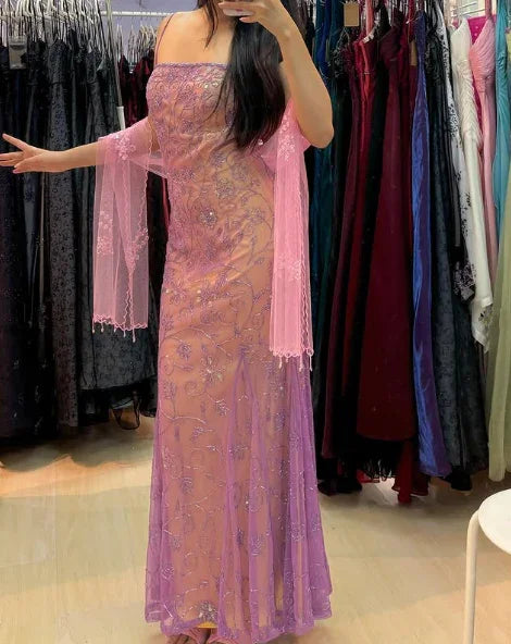 Abito da sera lungo sirena in tulle con spalline sottili lussuoso Y8137