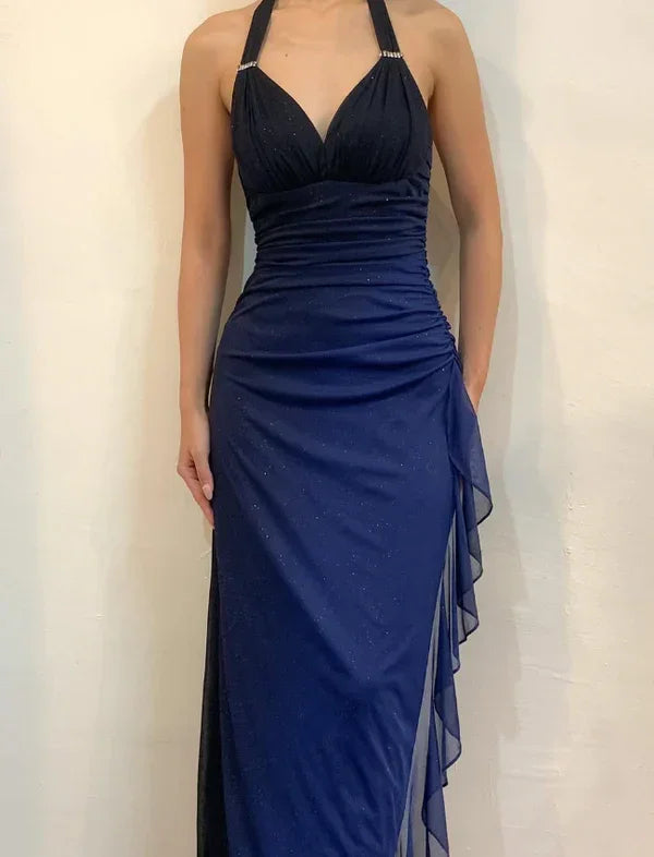 Vestido longo de festa e cerimónia azul-marinho ombré com decote em V e alças halter sexy em chiffon Y7486