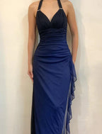 Vestido longo de festa e cerimónia azul-marinho ombré com decote em V e alças halter sexy em chiffon Y7486
