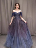 Vestido longo de baile em tule roxo céu estrelado escuro Vestido de noite em linha A Y924